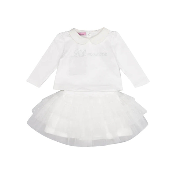 Baby Girls White Rhinestone-Embellished Tulle Skirt Set