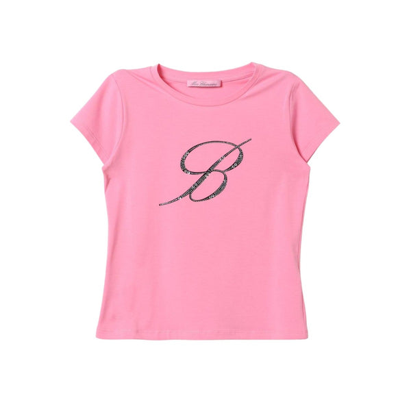 Girls Pink Rhinestone-Logo Cotton T-shirt