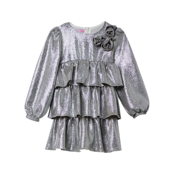 Girls Silver Glitter Detalling Floral Dress