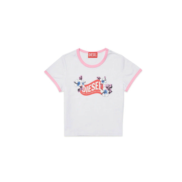 White Jersey T-Shirt With Wave Version Logo And Floral Print