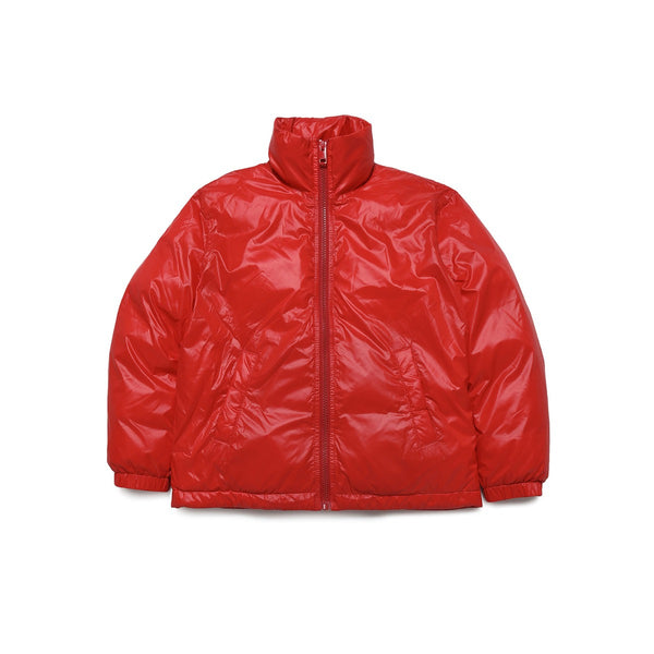 Kids Red Fake Down Jacket with Quilted Logo