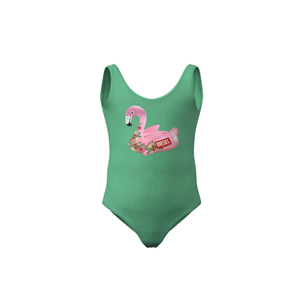 Green lycra one-piece swimsuit with pink flamingo print