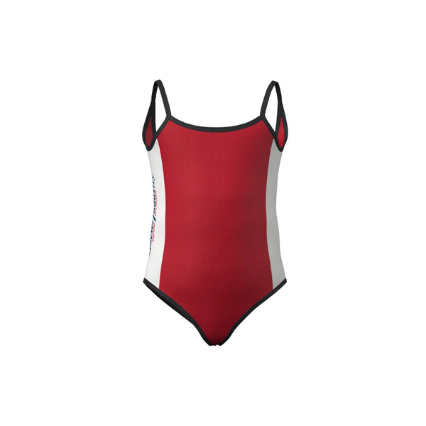 Red lycra one-piece swimsuit with logo