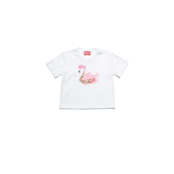 Girls White Jersey T-shirt with pink flamingo print