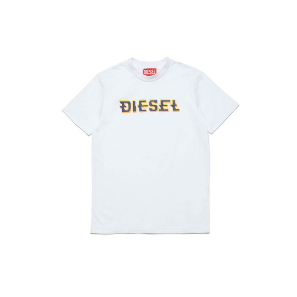 Boys White Logo Print Half Sleeves T-Shirt