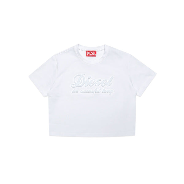 Girls White Jersey T-shirt With Chenille-Effect Logo
