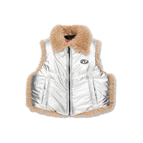 Girls Silver Faux Fur-Trim Quilted Gilet