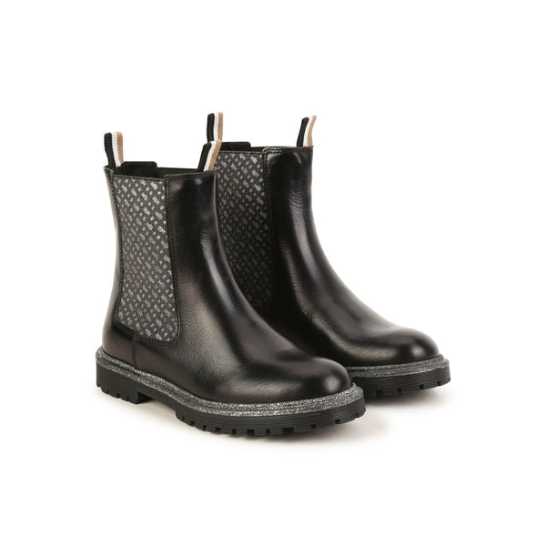 Girls Black Leather Monogram Boots