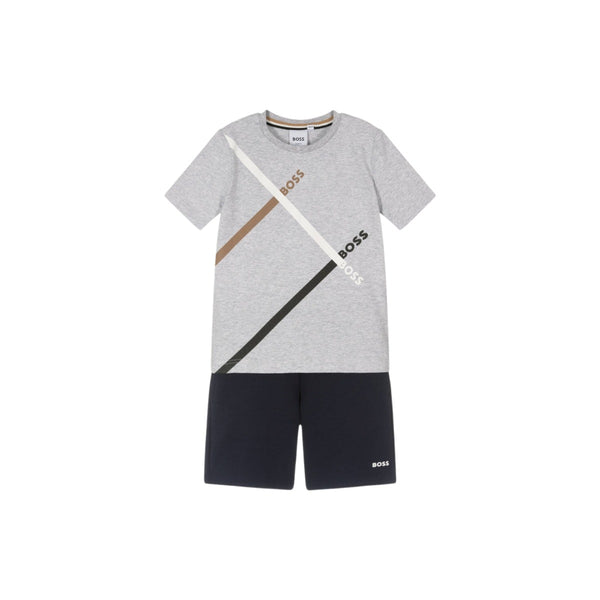 Boys Grey & Blue Cotton Logo Shorts Set