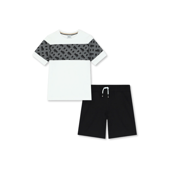 Boys Black Cotton Monogram Shorts Set
