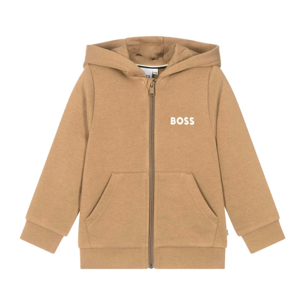 Boys Beige Logo-Print Zip-Up Hoodie