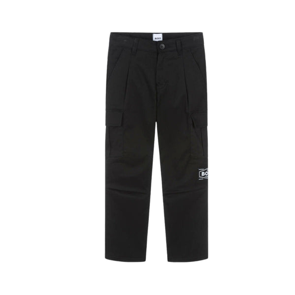 Boys Black Cotton Cargo Trousers