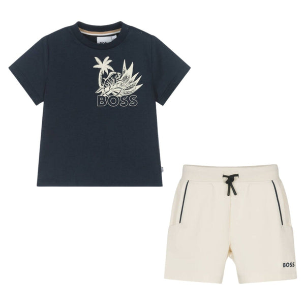 Baby Boys Navy Blue & Beige Shorts Set
