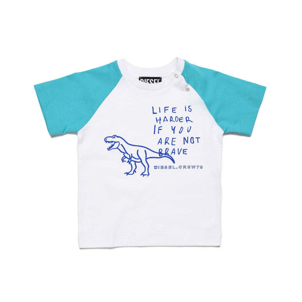White Dinosaur & Slogan Printed T-Shirt With Blue Sleeves