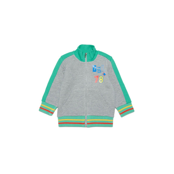 Grey Two-Tone Cotton Crewneck Sweatshirt With Zipper
