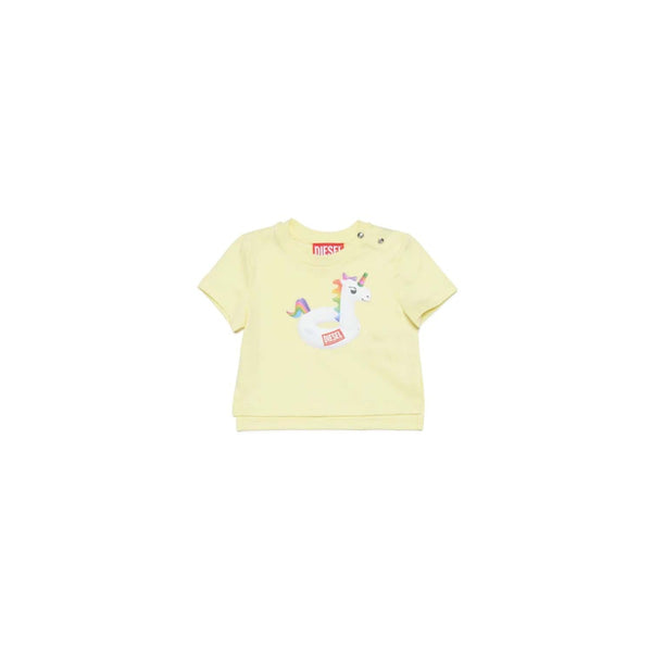 Yellow jersey beachwear T-shirt with unicorn print