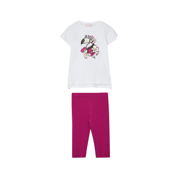 Girls White & Pink Cotton Legging Set