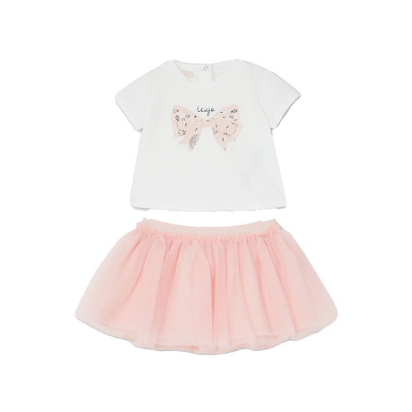 Girls White & Pink Cotton Skirt Set
