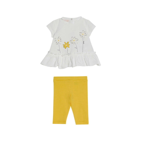 Girls White & Yellow Cotton Leggings Set