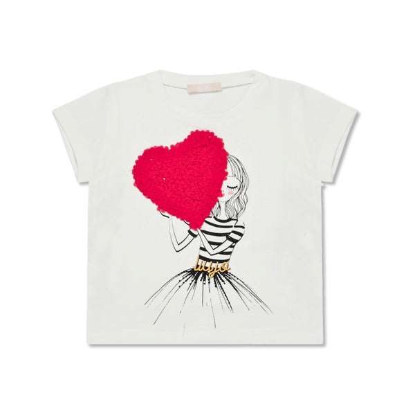 Girls White Heart Patch Cotton T-Shirt