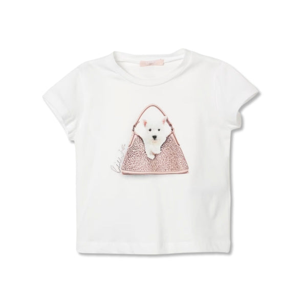 Girls White Bear Print T-Shirt With Rhinestones