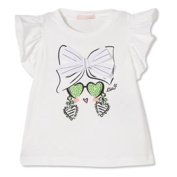 Girls White Bow & Sunglasses Graphic-Print T-Shirt