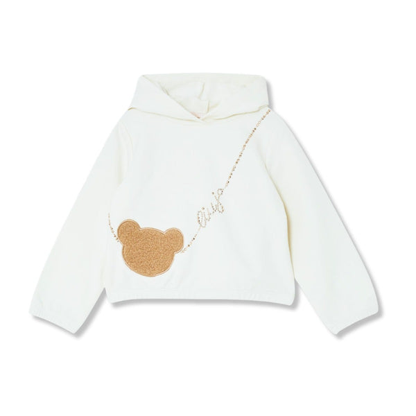 Girls White Embroidered-Bear Rhinestones-Logo Hoodie