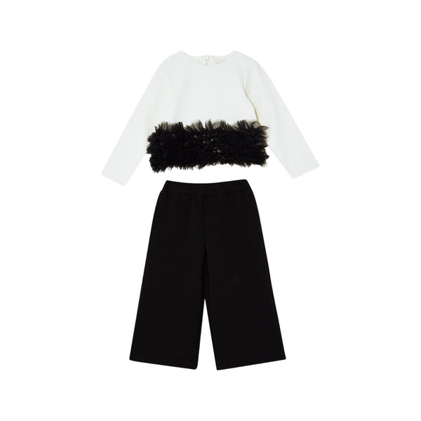 Girls White & Black Tulle Ruching Trouser Set
