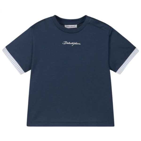 Baby Boys Navy Blue Script Logo Cotton T-Shirt