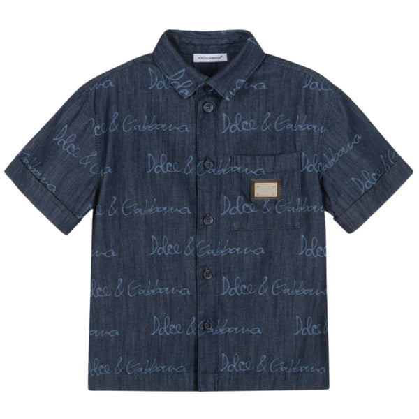 Boys Dark Blue Cotton Shirt With Logos