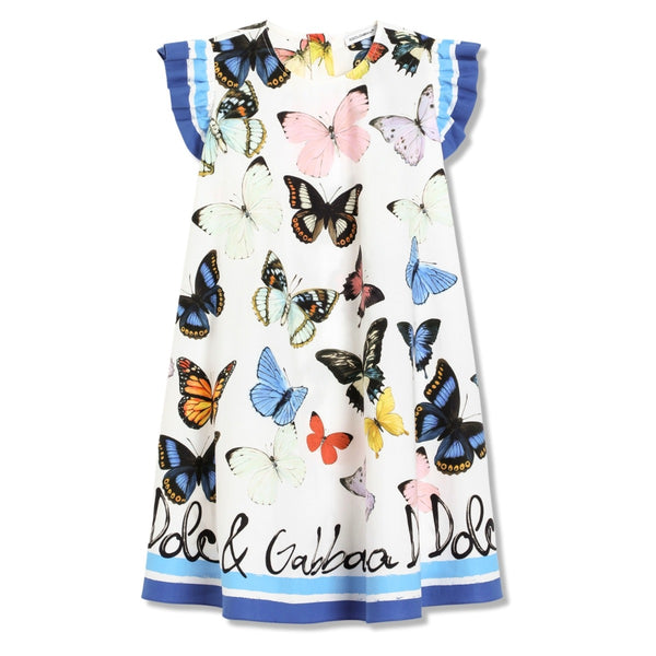 Girls White & Blue Butterfly Print Dress