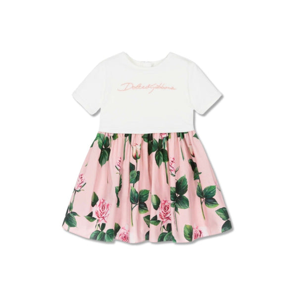Girls Pink & White Roses T-Shirt Dress