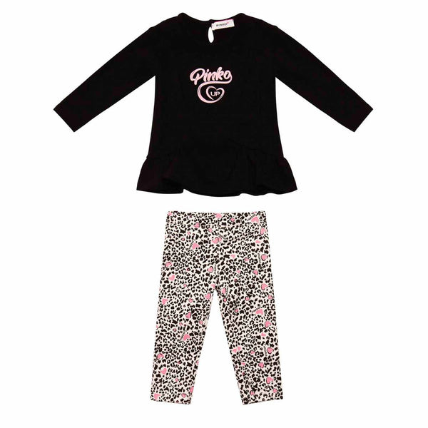 Baby Girls Black T-shirt With Printed Leggings Set
