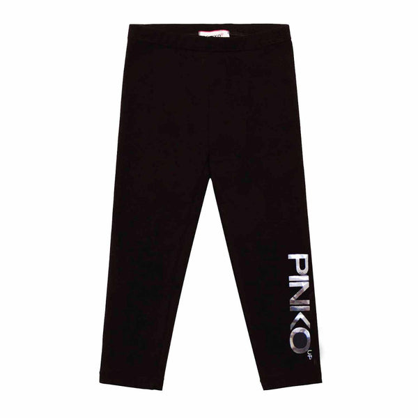 Girls Silver Logo Black Leggings