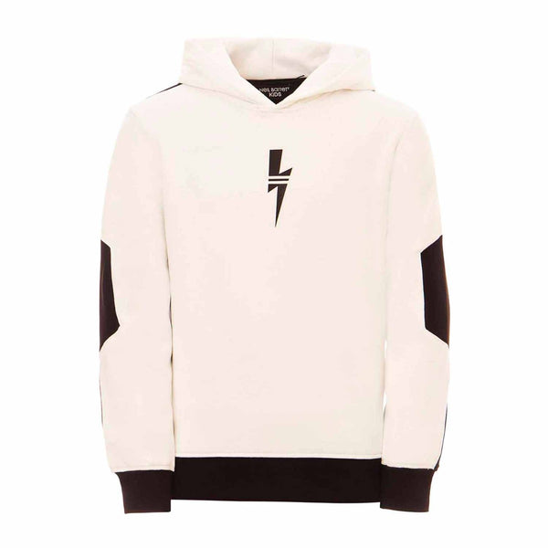 Boys White & Black Color Block Cotton Hoodie