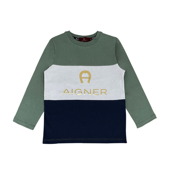 Boys Green & White Color Block Full Sleeve T-shirt