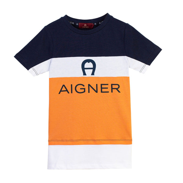 Boys Navy Blue & Orange Color Block T-shirt