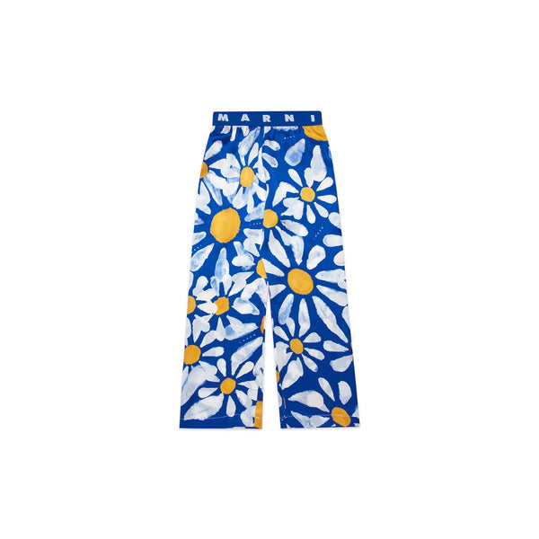 Girls Blue Viscose Trousers With Floral Print