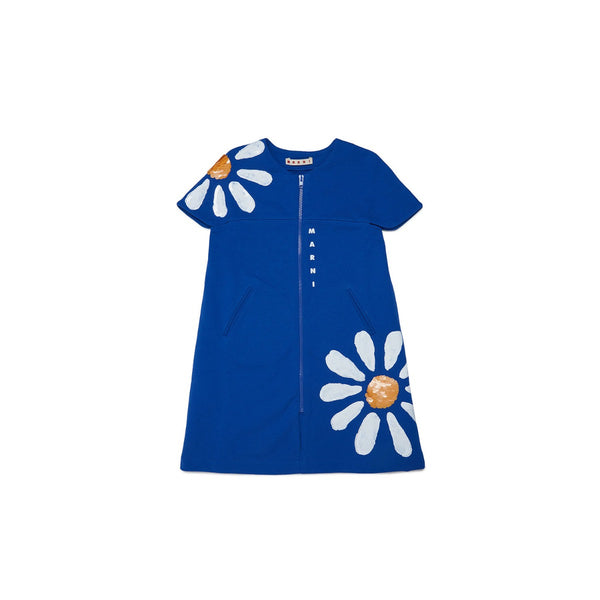 Blue Fleece Dress With Daisy Print And Sequins