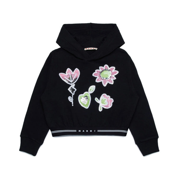 Girls Black Hoodie With Sequined Flowers