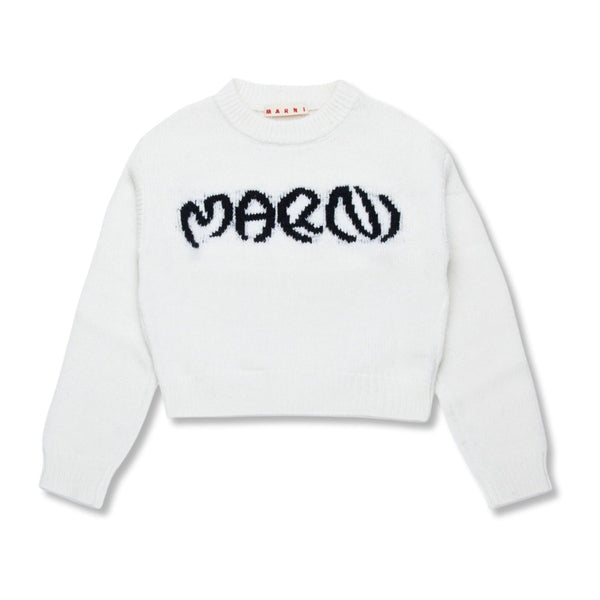 Girls White Wool-Blend Inlaid Logo Sweater