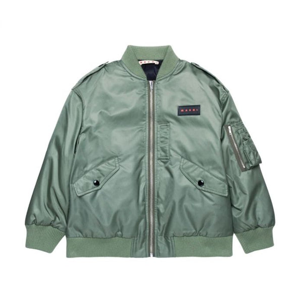 Boys Green Bomber Jacket With Logo-Patch