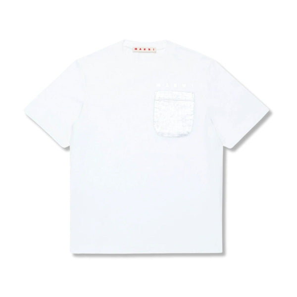 Girls White Mylar-Pocket Cotton T-Shirt