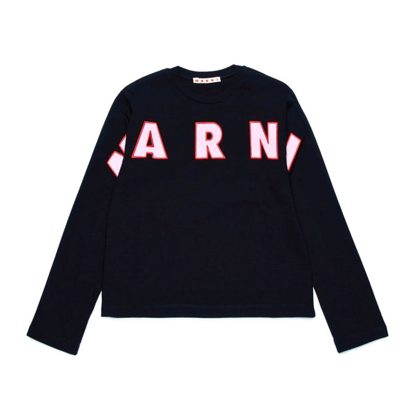 Girls Black Embroidered Logo Cotton T-Shirt