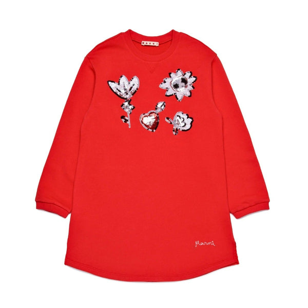 Girls Red Fleece Dress With Sequined Flowers