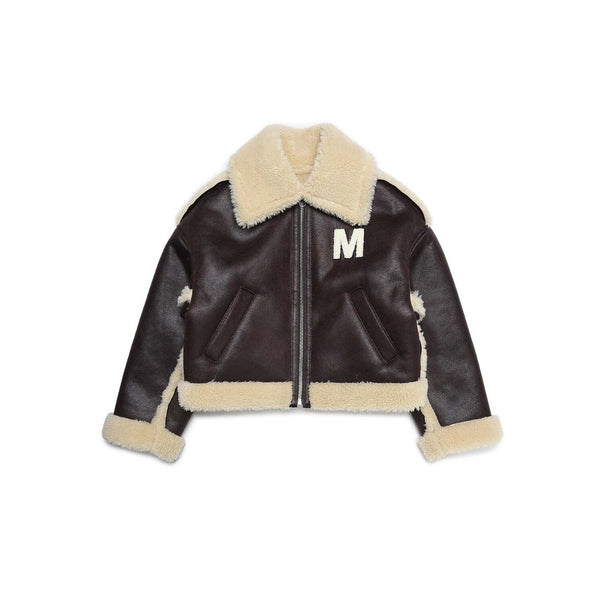 Brown jacket with faux shearling inserts