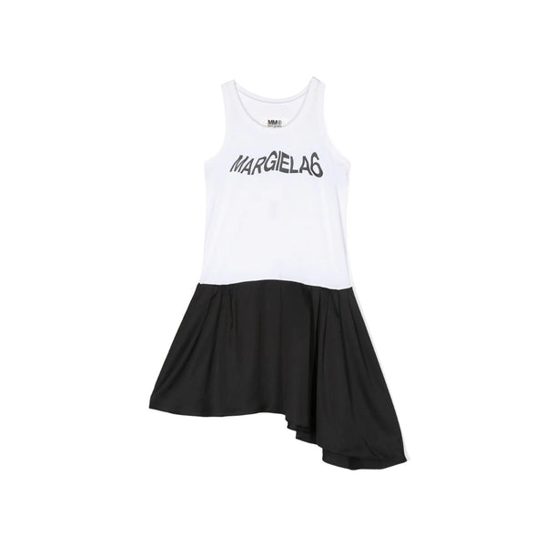 Girls White & Black Sleeveless Cotton Dress