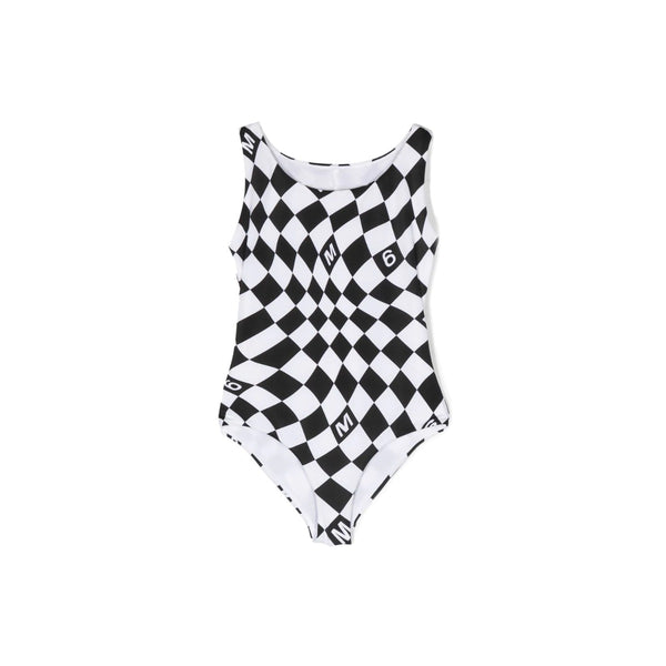 Girls White & Black Chequered Print Swimsuit