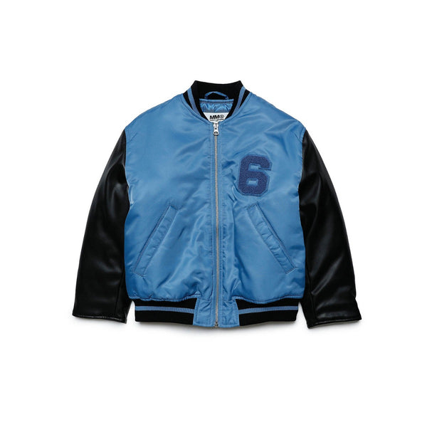 Kids Blue Leather Varsity Bomber Jacket
