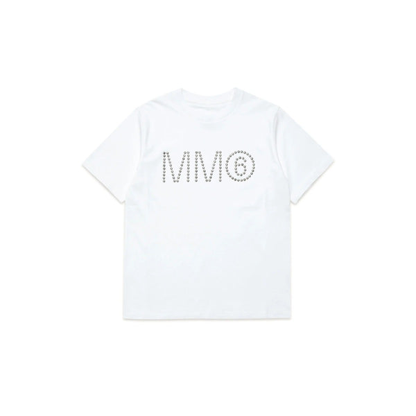 Girls White Cotton Studded Logo T-shirt